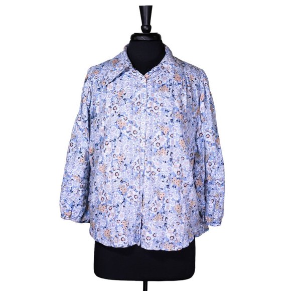 Free People Women's Shirt Button Up Blue Floral Boho Peasant Blouse Top Size L - Picture 1 of 8